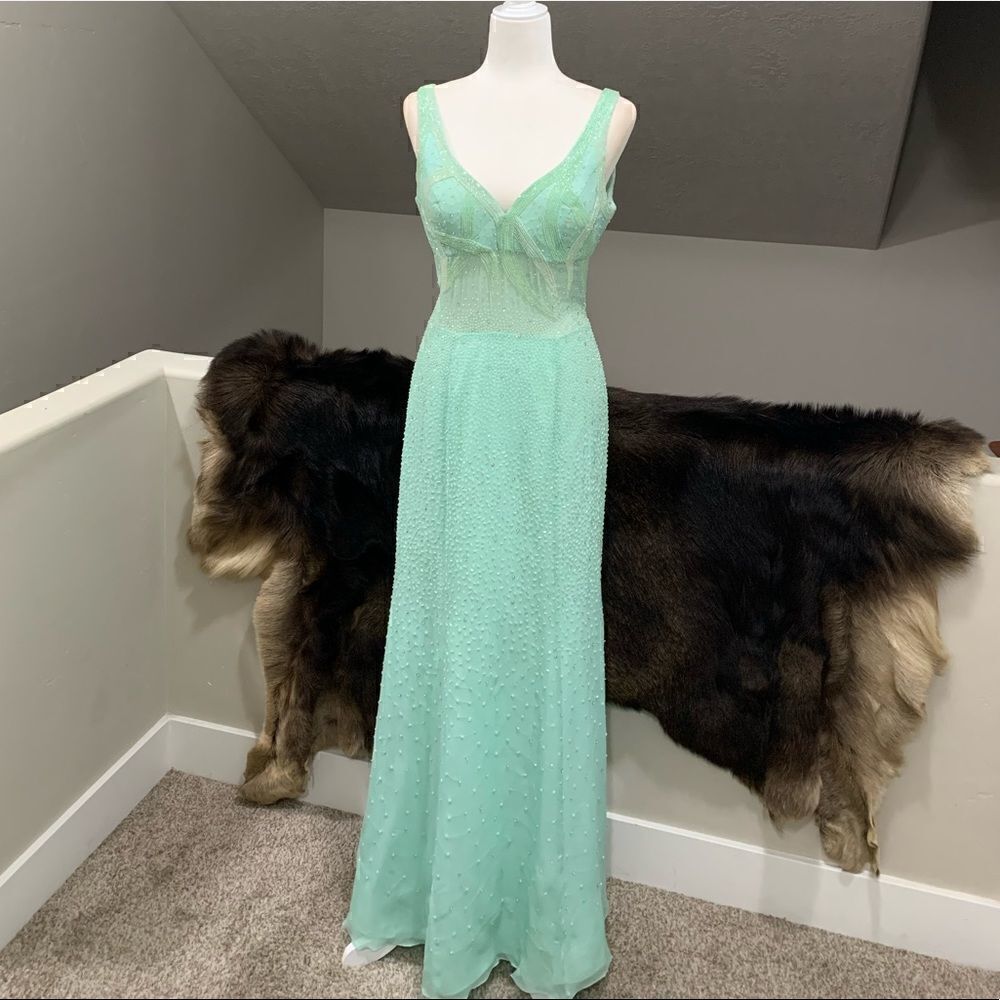 Gorgeous Vintage Style 100% Silk All Over Crystal Beaded Gown with Sexy Back